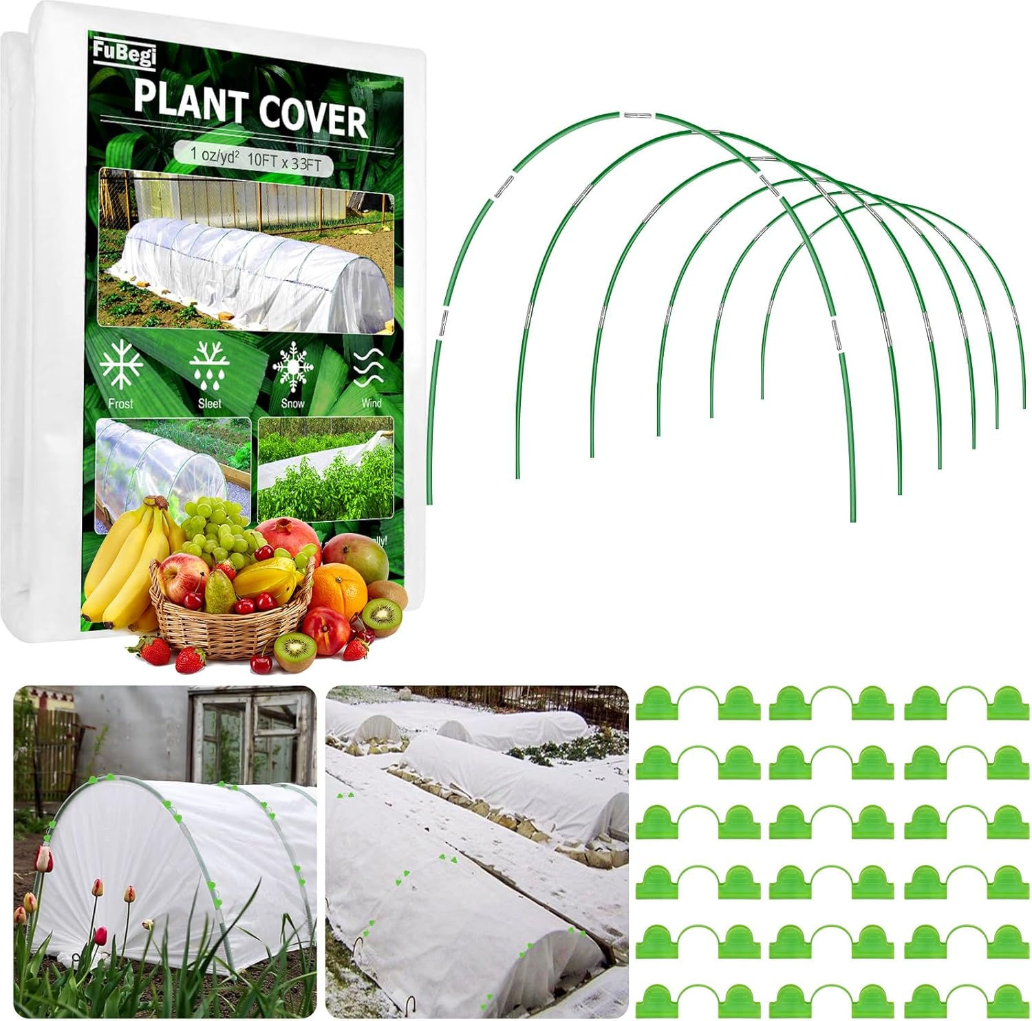 Plant Cover Freeze Protection 10x33ft Garden Hoops Kit for Winter, Fabric Floati