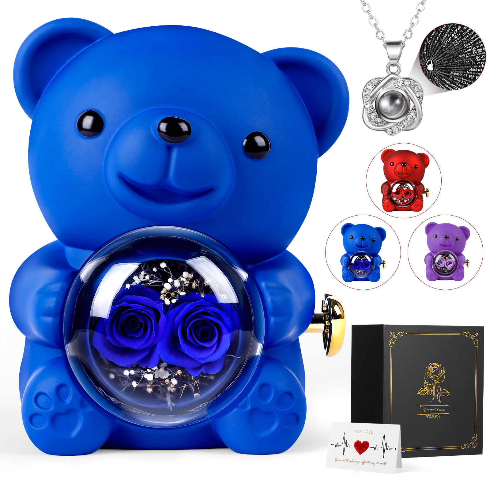 Rose Bear Teddy with Necklace Gift Box for Girlfriend, Cute Forever Flower Bear