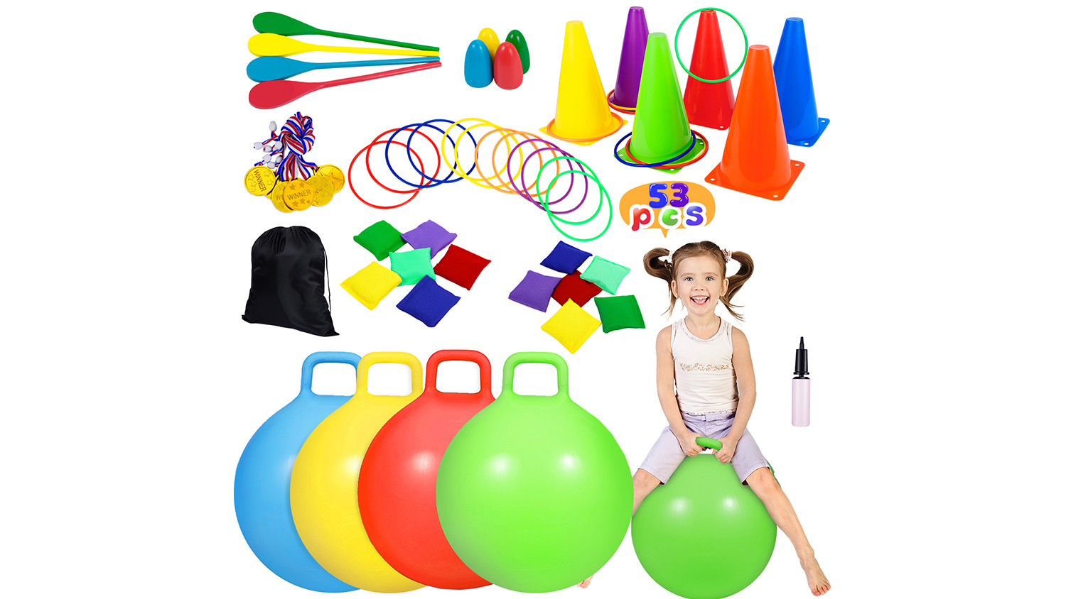 CWLAKON 53PCS Carnival Outdoor Games Combo Set, Hopper Balls for Kids, Ring Toss