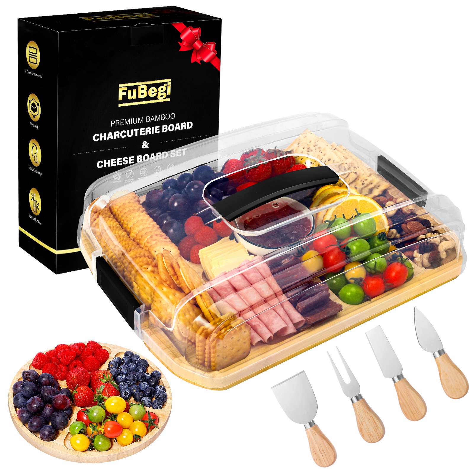 Portable Travel Charcuterie Board with Lid, Bamboo Charcuterie Cheese Board with