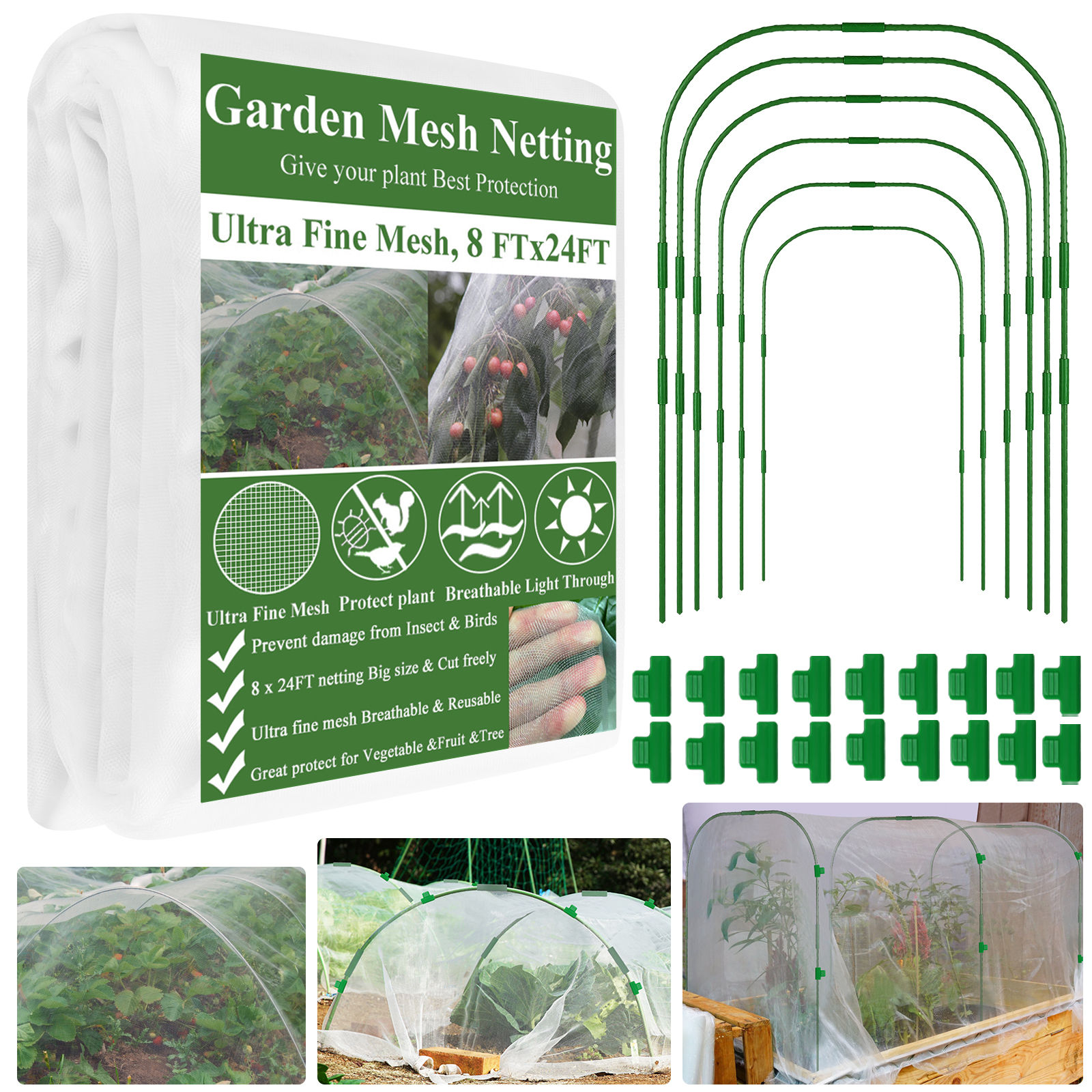 Garden Mesh Netting Kit, Plant Covers 8x24Ft Ultra Fine Mesh Netting with 6Pcs G