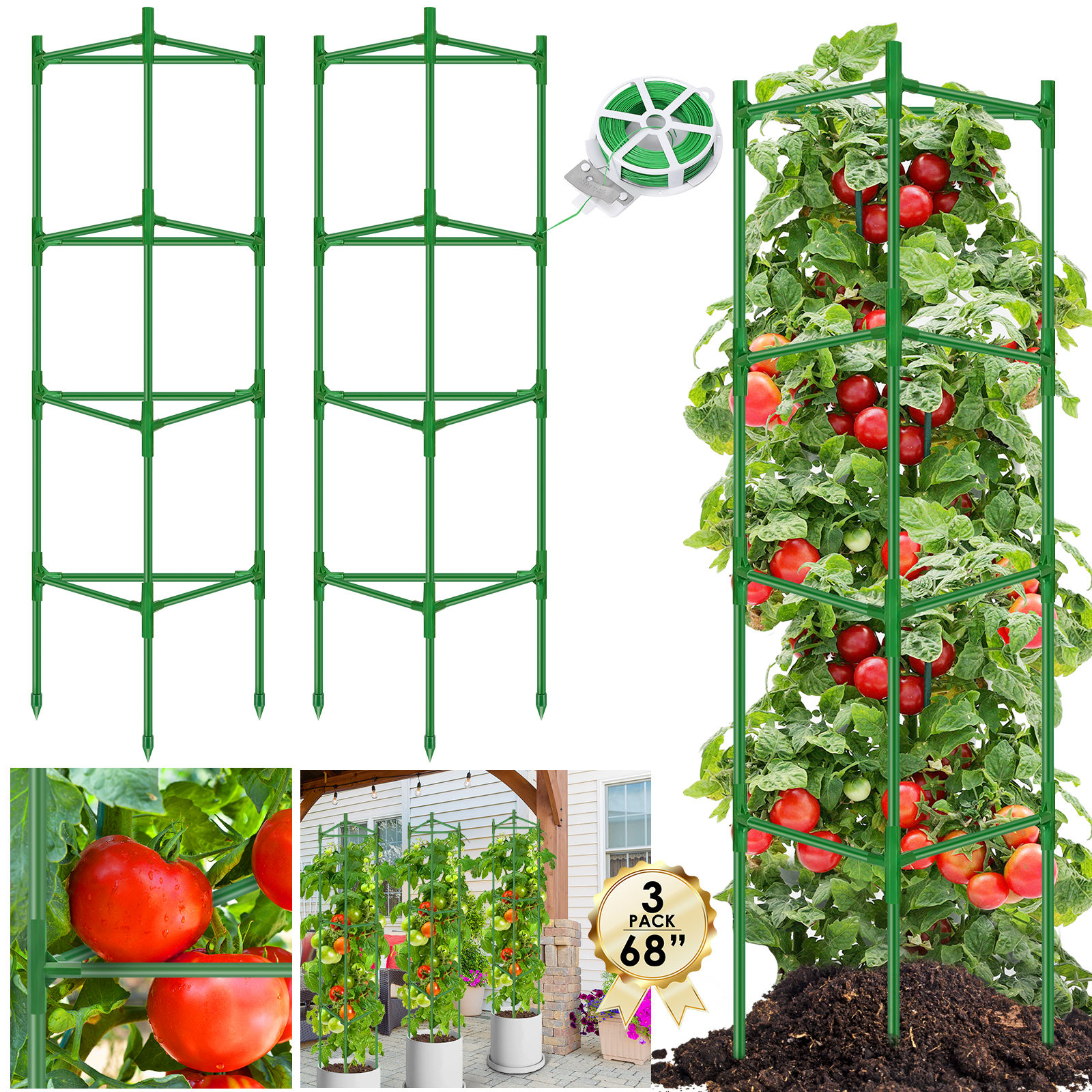Tomato Cages for Garden - Heavy Duty Steel Tomatoes Cage 3 Packs Tall Up to 68in