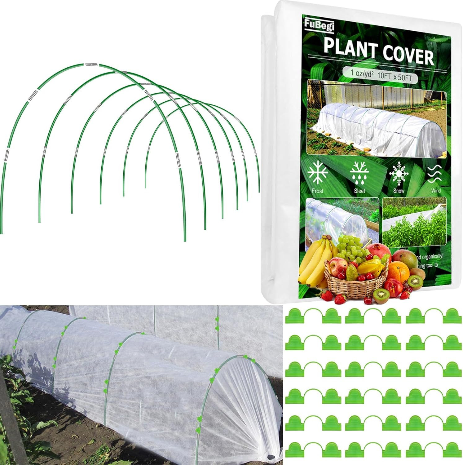 10x50ft Plant Cover Freeze Protection Garden Hoops Kit for Winter, Fabric Floati