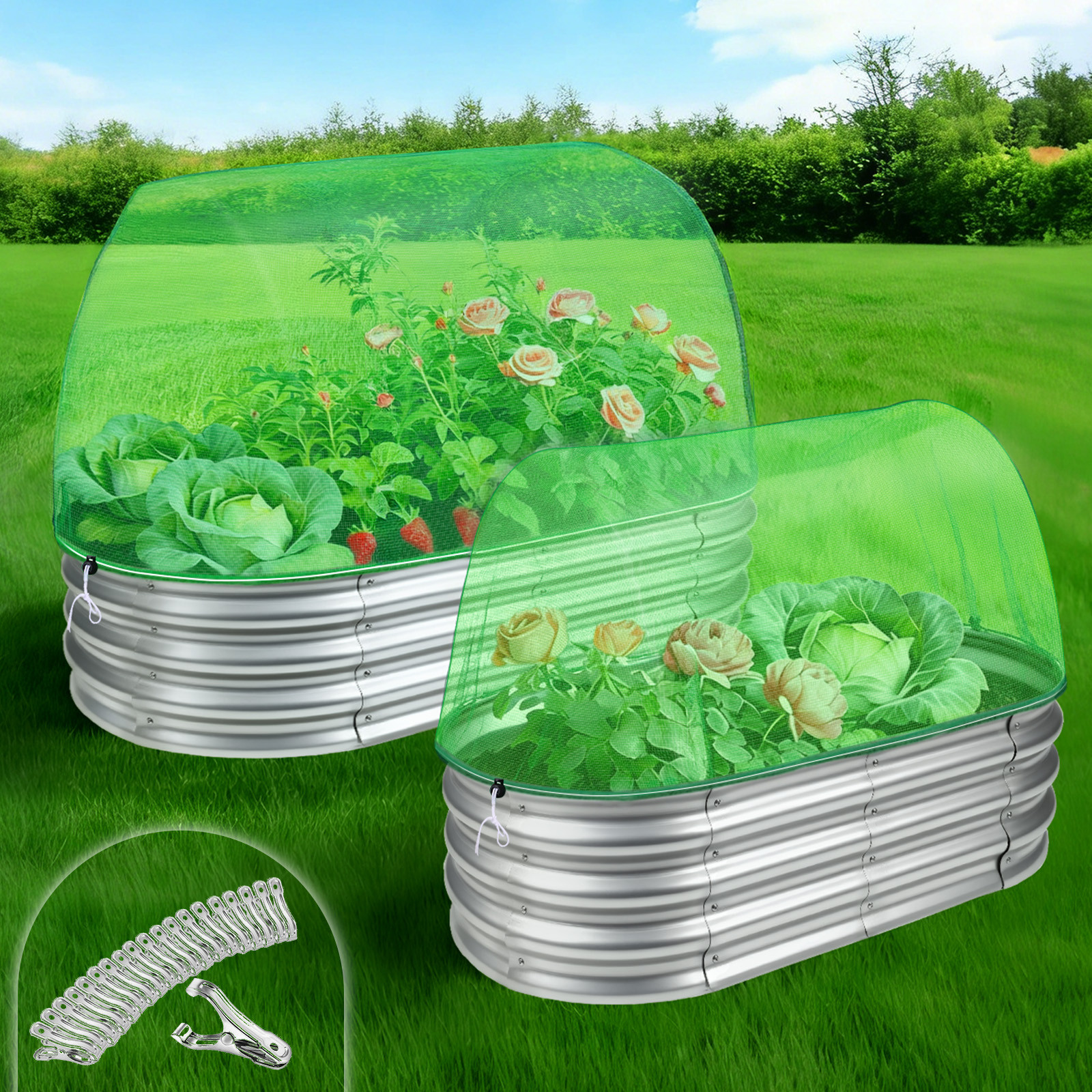 2 Pack Garden Netting for Raised Beds, Rectangular Mesh Plant Netting with Draws