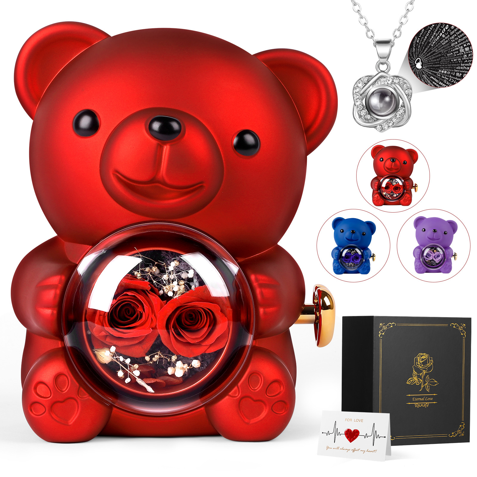 Rose Bear Teddy with Necklace Gift Box for Girlfriend, Cute Forever Flower Bear