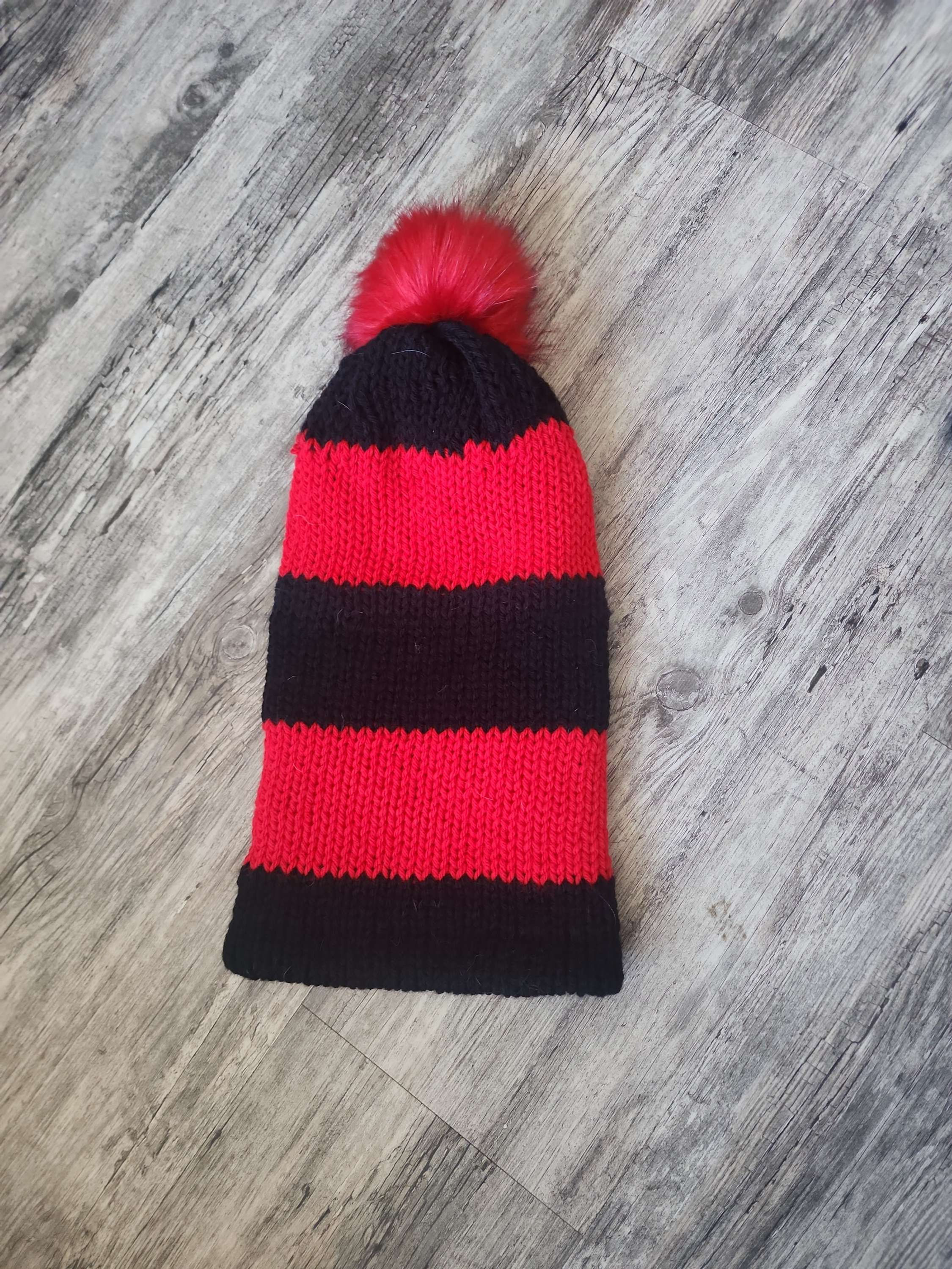 Black/Red Stripe Toque w/ Red Pom