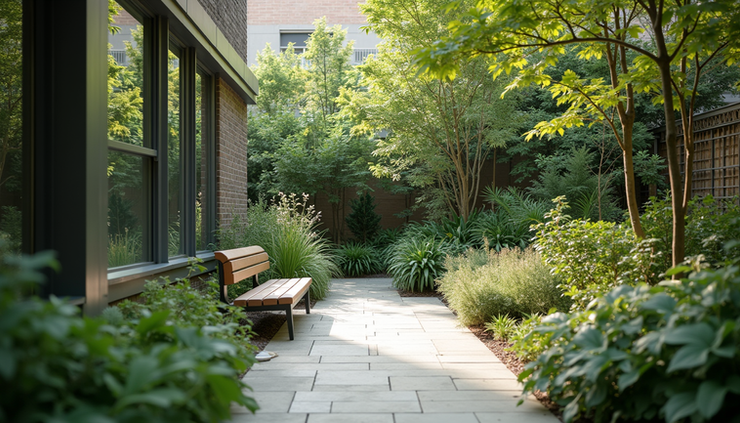 Eye-level view of a peaceful urban garden with diverse plants and a bench
