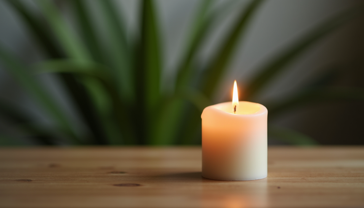 Vue rapprochée d'une bougie allumée sur une table avec un fond flou de plantes vertes