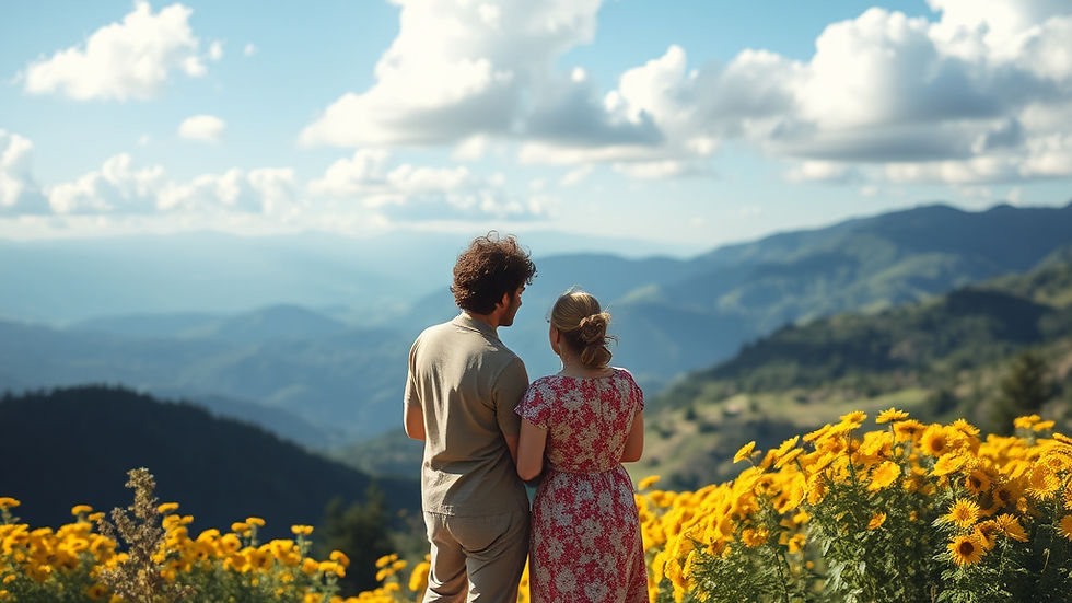 A couple enjoys a peaceful moment together, admiring a stunning mountain view surrounded by vibrant yellow wildflowers under a clear blue sky.