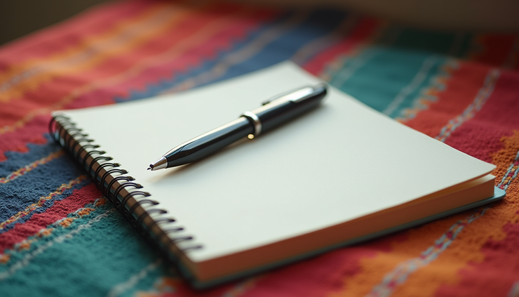 Close-up of a journal and pen on a colorful woven fabric