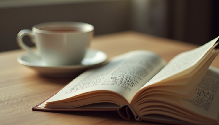 Vue rapprochée d'une tasse de thé posée sur une table en bois avec un livre ouvert à côté