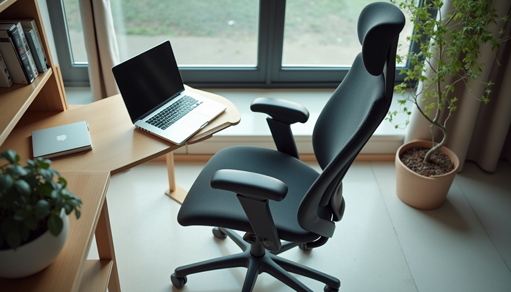 Vue en plongƩe d'un bureau calme avec un fauteuil ergonomique et un ordinateur portable ouvert