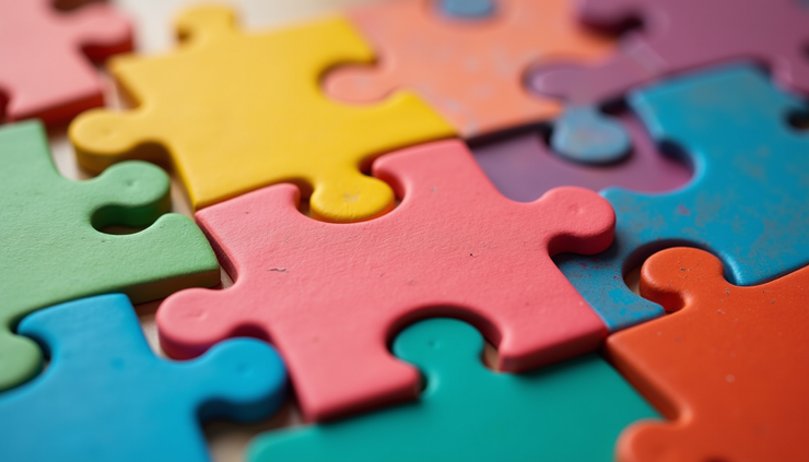 Close-up view of colorful puzzle pieces fitting together representing diversity and inclusion