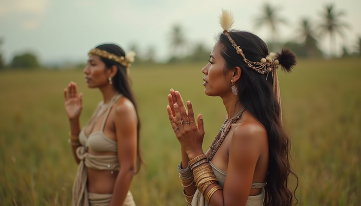 Vue de côté d'une femme autochtone participant à un rituel traditionnel en pleine nature