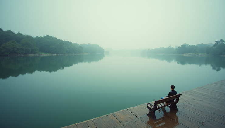 High angle view of a serene lakeside with a single person sitting on a bench, reflecting