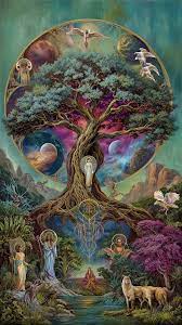 Fantasy-style tree of life with cosmic planets, animals, angels and human figures woven through the branches and roots in a vibrant mystical landscape