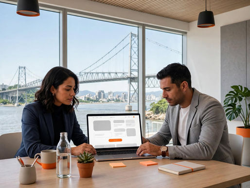 Equipe analisando landing page vs site institucional em escritório com vista da Ponte Hercílio Luz em Florianópolis - Elemento Comunicação
