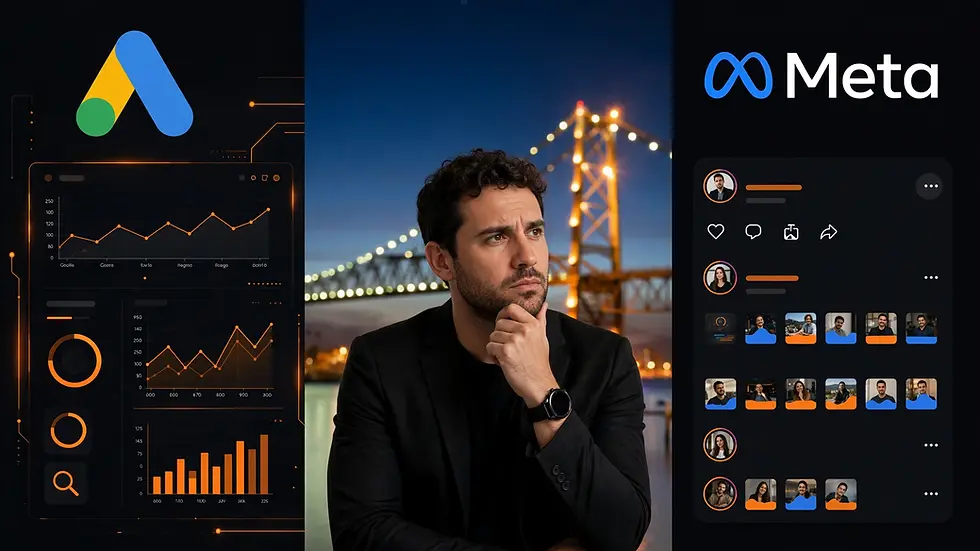 Empresário em dúvida entre Google Ads e Meta Ads para tráfego pago em Florianópolis com Ponte Hercílio Luz ao fundo