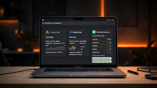 MacBook de frente mostrando dashboard de Marketing Funnel com Google Ads, Meta Ads e WhatsApp Business e funil de conversão