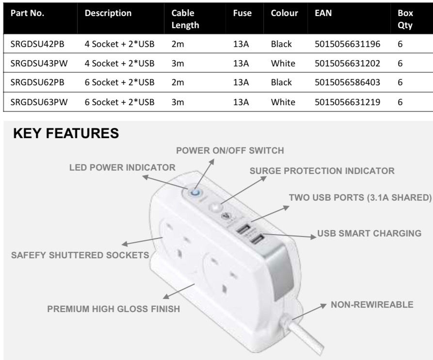 Thumbnail: MASTERPLUG Compact Surge Protected Extension Leads with USB Charger