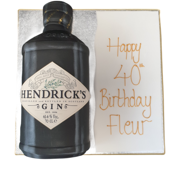Luxurious and decadent Hendricks Gin bottle-shaped cake decorated with intricate detailing, perfect for any special occasion celebration.