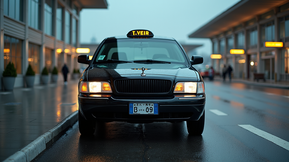 Eye-level view of a sleek black taxi parked outside an airport terminal