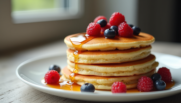 Eye-level view of a stack of golden fluffy pancakes on a white plate with colorful fruit toppings