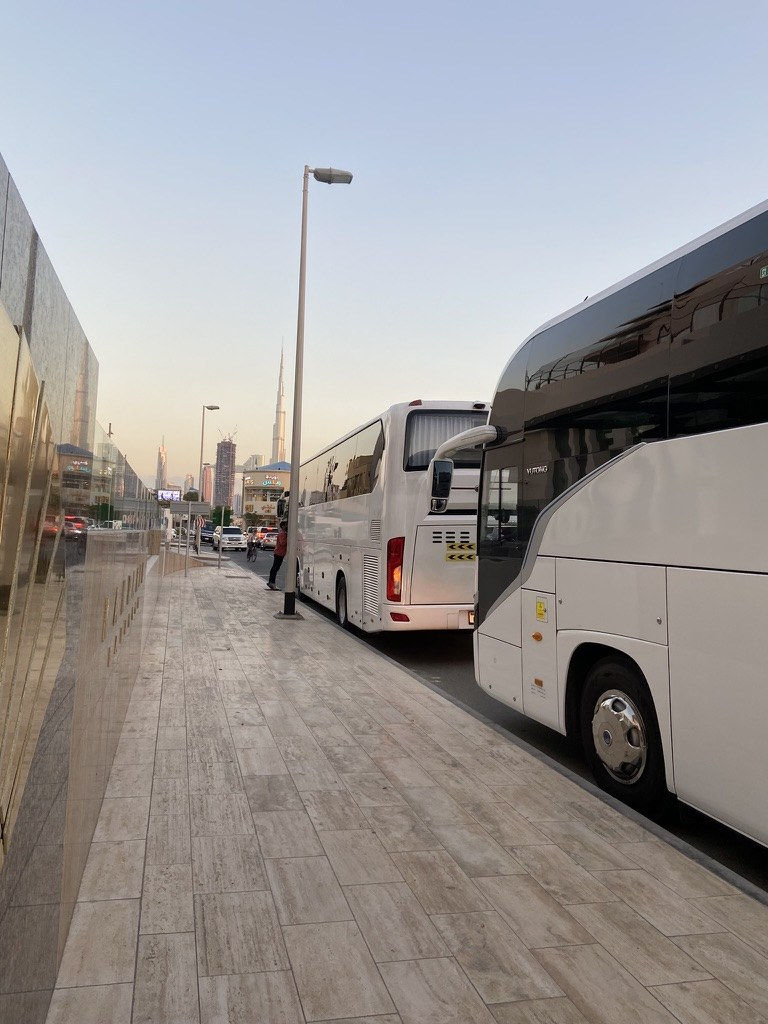 Coaches and shuttle buses lined up for GITEX exhibition transport in Dubai