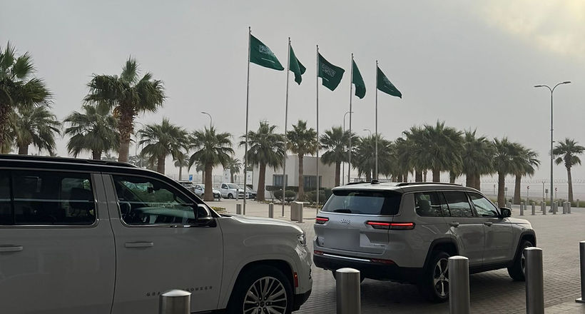 Chauffeured SUVs at a venue in Riyadh, Saudi Arabia, for a cross-border UAE - Saudi transport operation