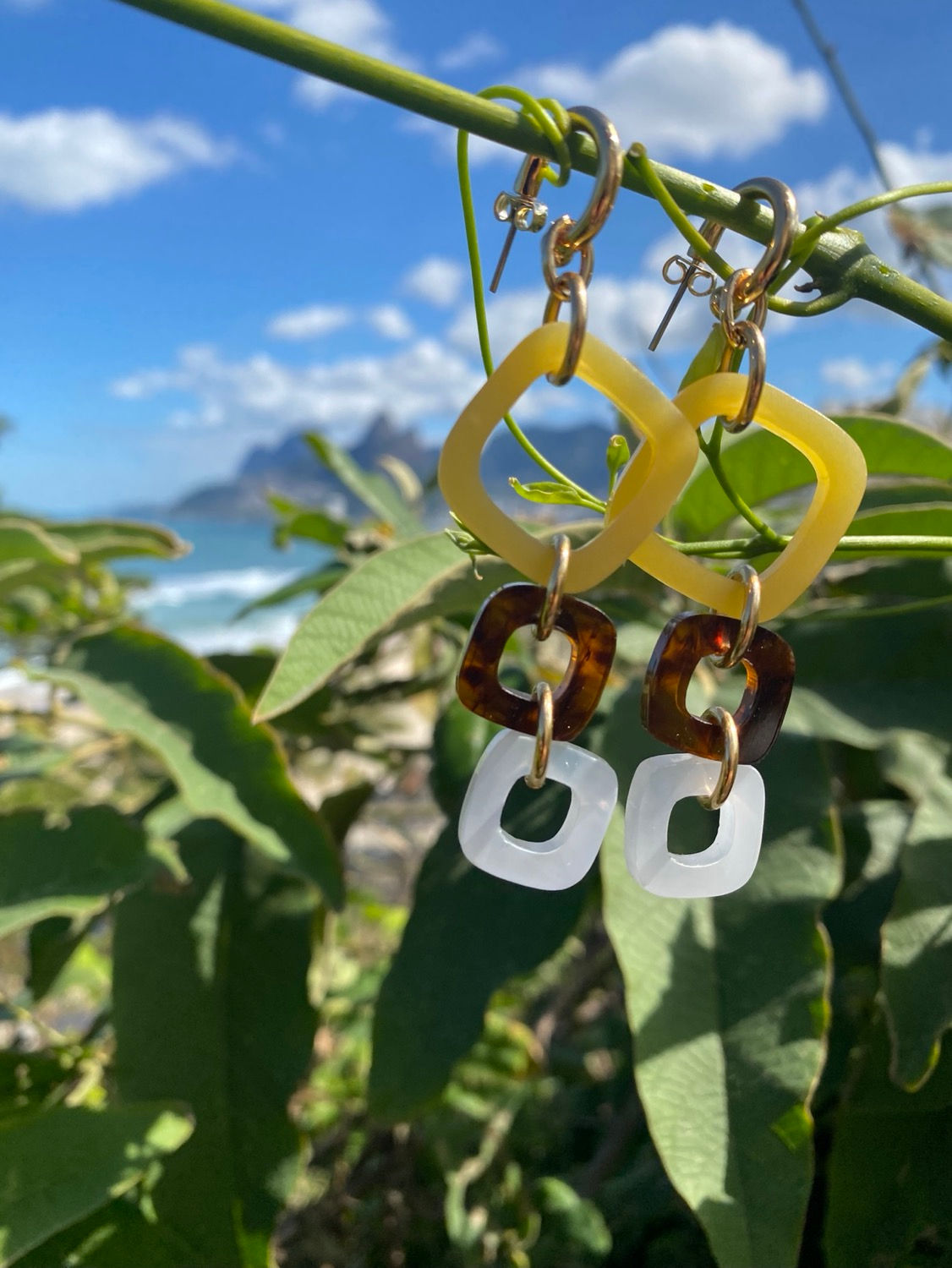 Brincos Salinas Acrílico Ouro, Carey e Quartzo com Ouro