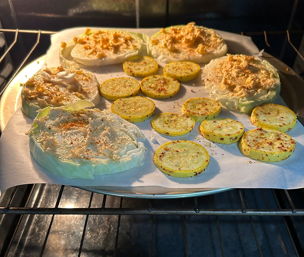 Buttered cabbage steaks and squash in the oven