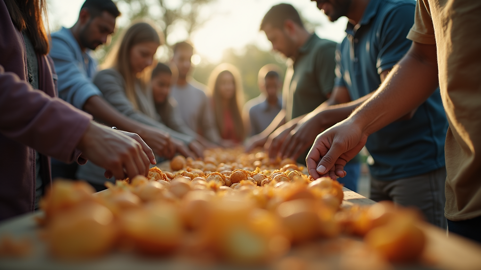 Eye-level view of a community gathering with people sharing resources