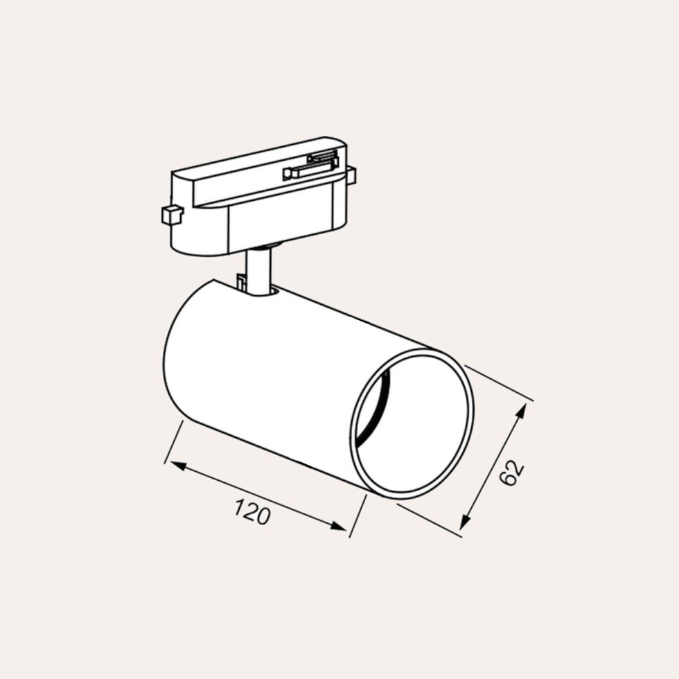 Aydınlatma armatürü teknik çizimi: 120x62 mm ölçülerinde silindirik gövde, 60x60 mm üst kısım