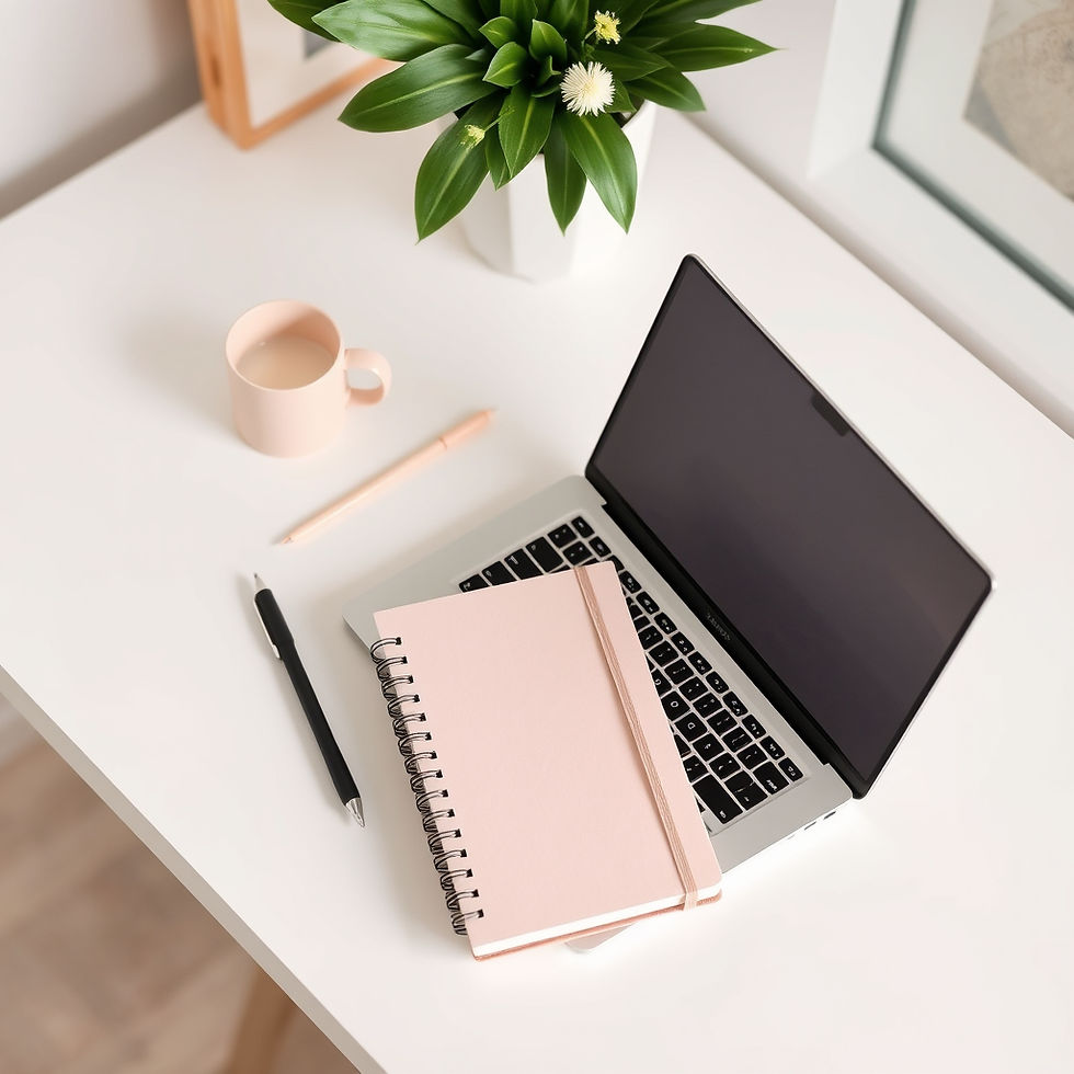 A journal on laptop with a cup of tea flatlay