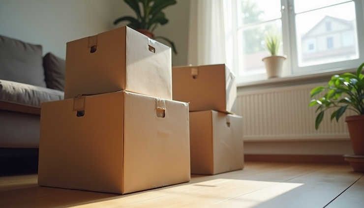 Eye-level view of packed moving boxes stacked neatly in a living room