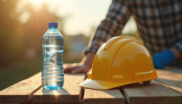 Eye-level view of a water bottle and a hard hat resting on a wooden workbench outdoors