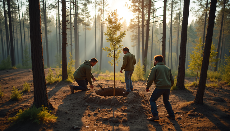 High angle view of volunteers planting trees in a burned forest area near Aspen Acres