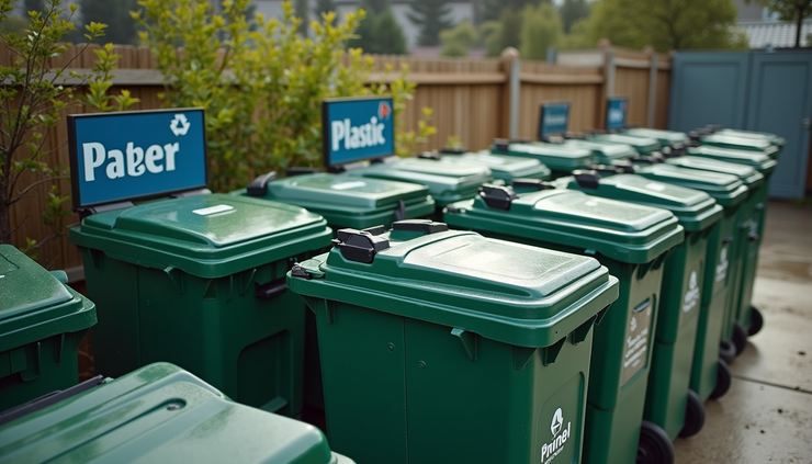 High angle view of a community recycling center with bins for paper, plastic, and metal