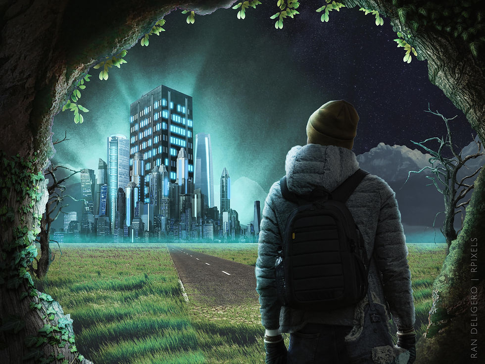 Man looking at glowing city from a cave