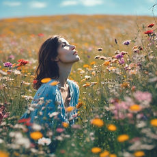 a woman in a meadow of flowers feeling at peace