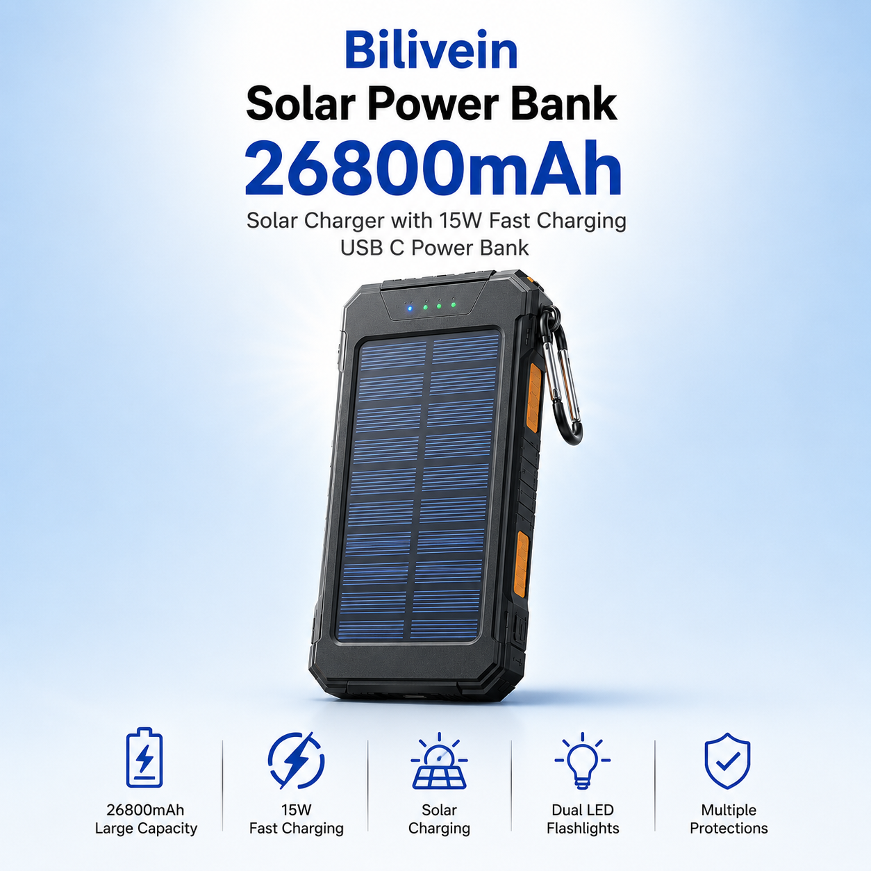 Bilivein Solar Power Bank 26800mAh Solar Charger 15W Fast Charging USB C Solar P