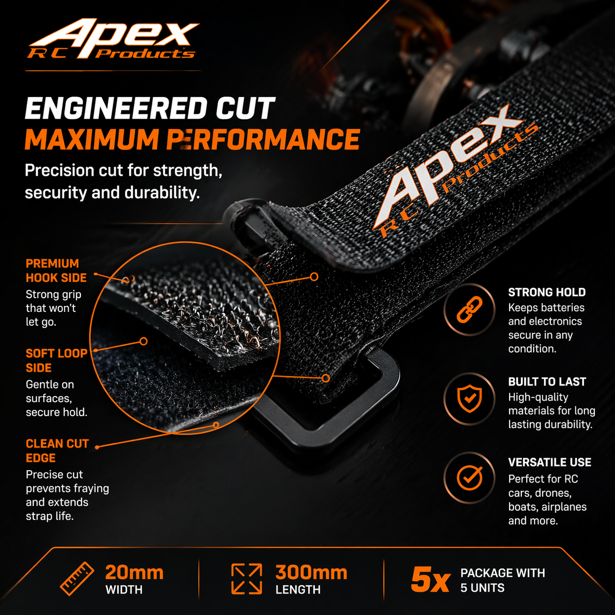 Apex RC Products 5 Pack 20mm x 300mm Lipo Battery and Electronics Straps 3051