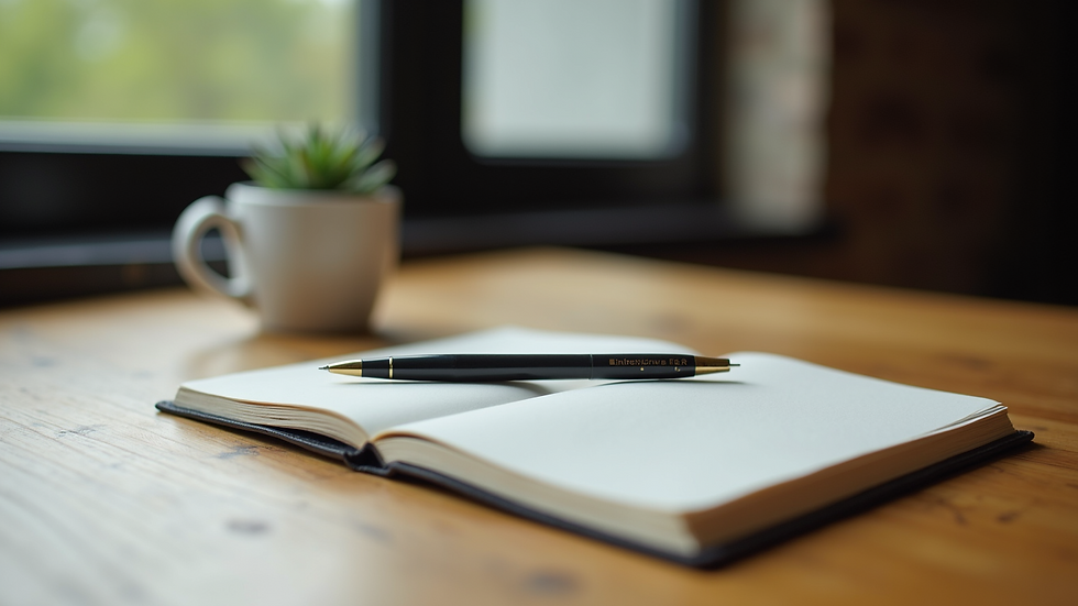 Close-up view of a journal and pen on a wooden table