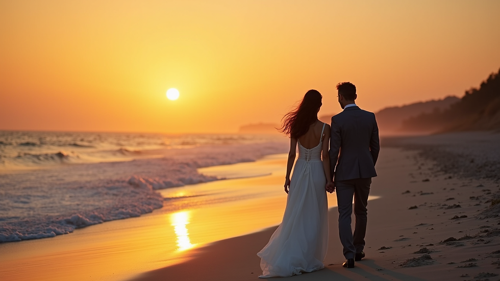 Weitwinkelaufnahme eines Brautpaares bei Sonnenuntergang am Strand