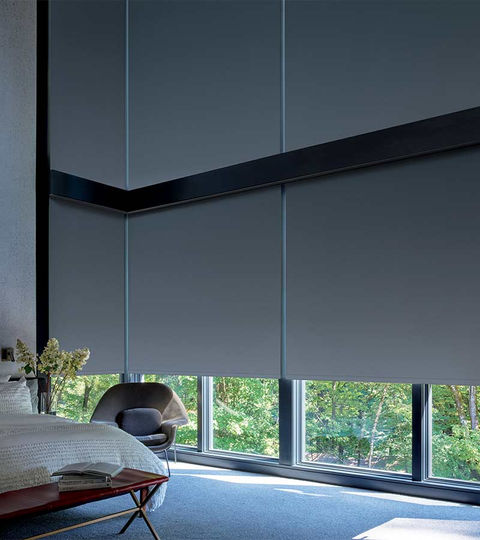 modern bedroom with large windows and roller shades