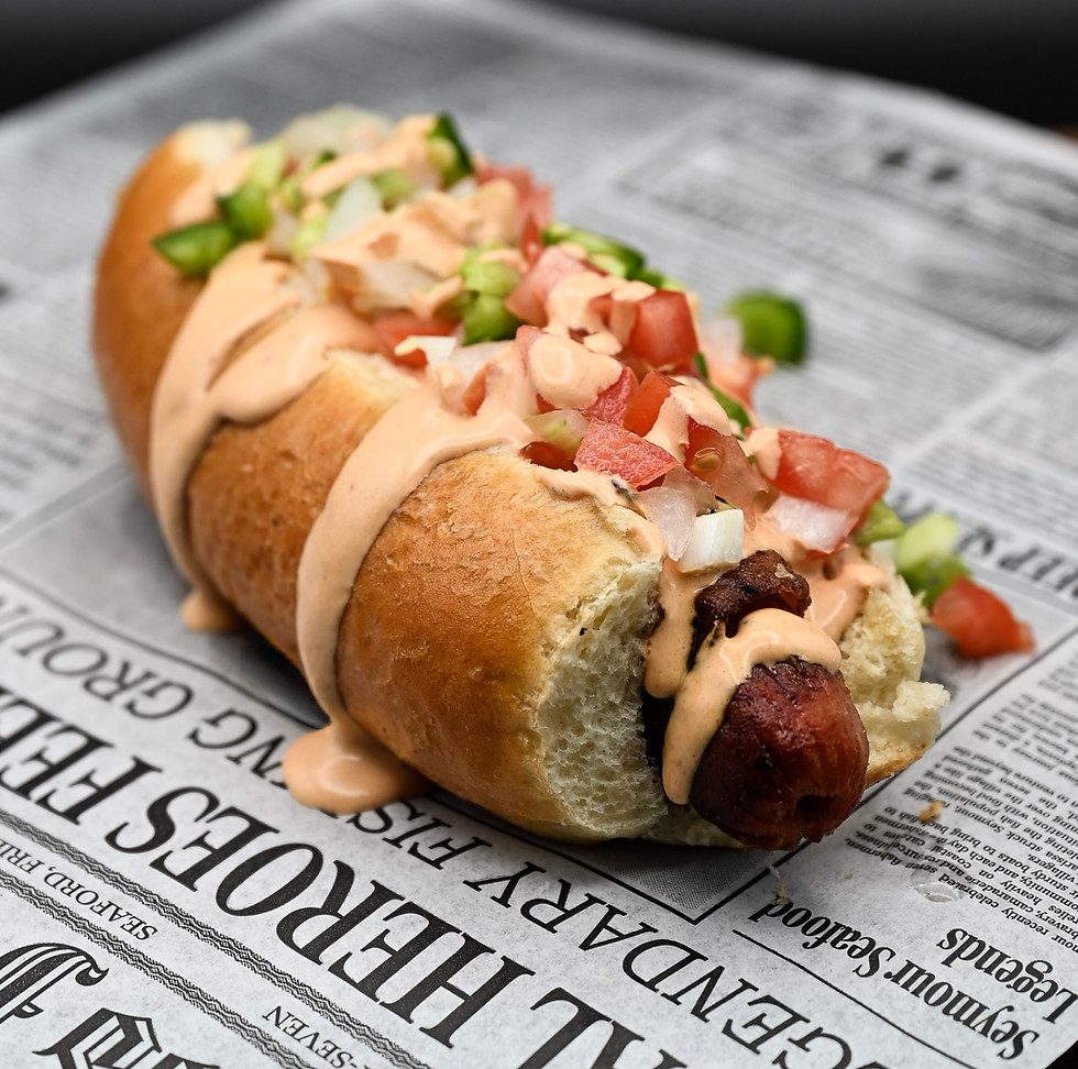 Gourmet Chicago hot dog from Penelope's World Famous Burgers & Fries.
