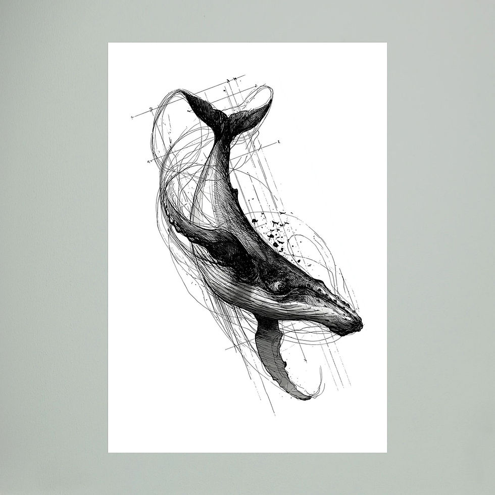 섬네일: Diving Humpback Whale Ink Art Print | Wildlife Art