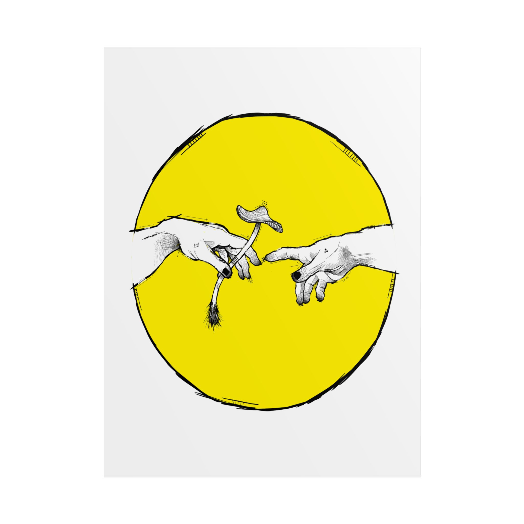 Psychedelic Creation Poster — Mushroom Hand Illustration on Yellow Circle