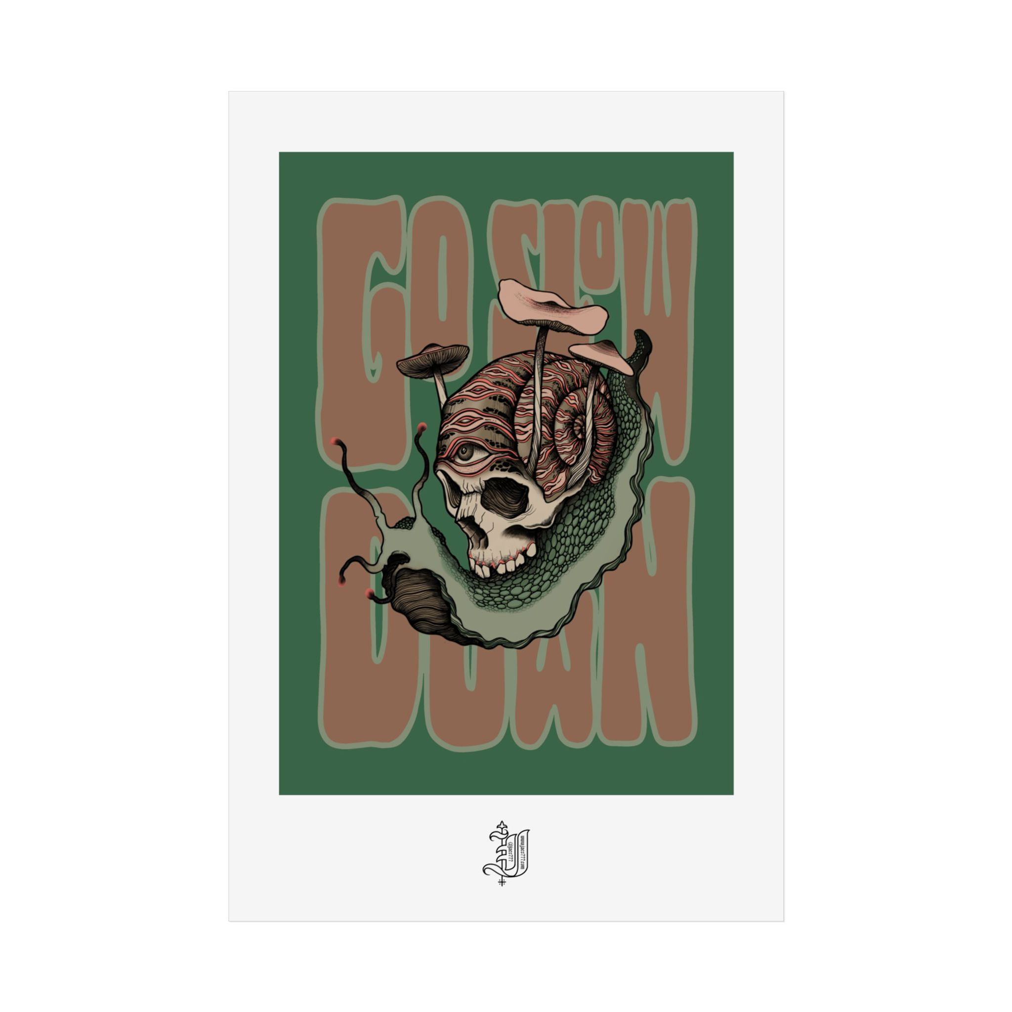 Go Slow Down Snail Skull Poster — Retro Green Psychedelic Wall Art