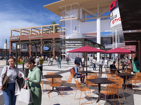 Outdoor mall rendering: shops, dining, people